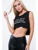 Asymetrický crop top s nápismi, čierny ZZ1119 - Internetový obchod - Butik